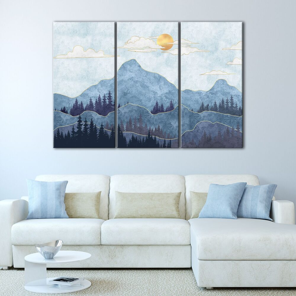 3 panels blue boho mountain canvas art