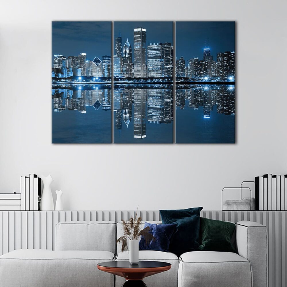 3 panels chicago skyline at night canvas art