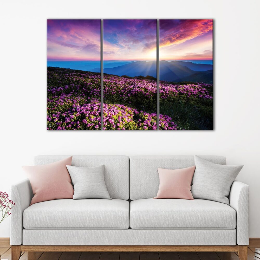 3 panels pink flowers field canvas art