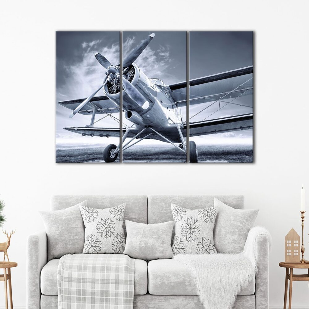 3 panels red old biplane canvas art