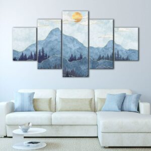5 panels blue boho mountain canvas art