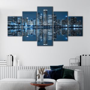 5 panels chicago skyline at night canvas art