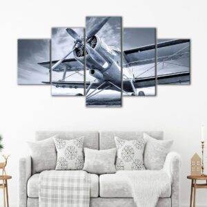5 panels red old biplane canvas art