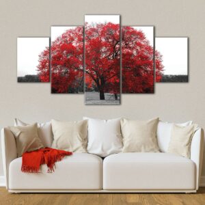 5 panels romantic red tree canvas art