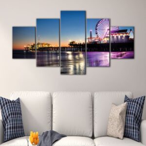 5 panels santa monica night skyline canvas art