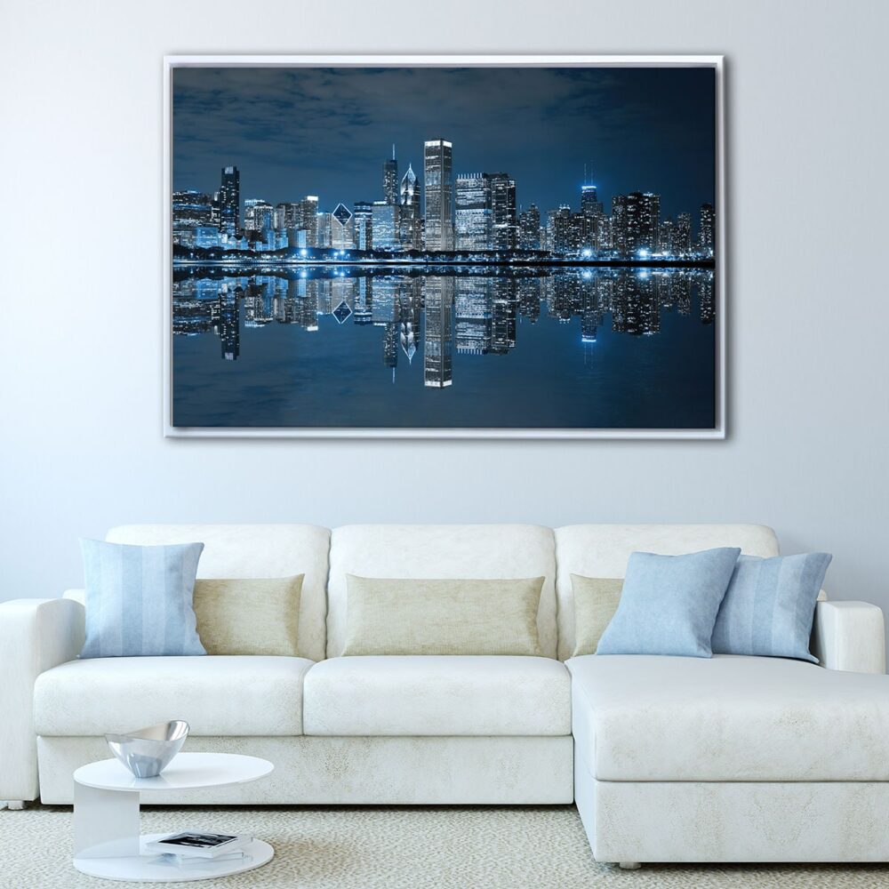 chicago skyline at night floating frame canvas
