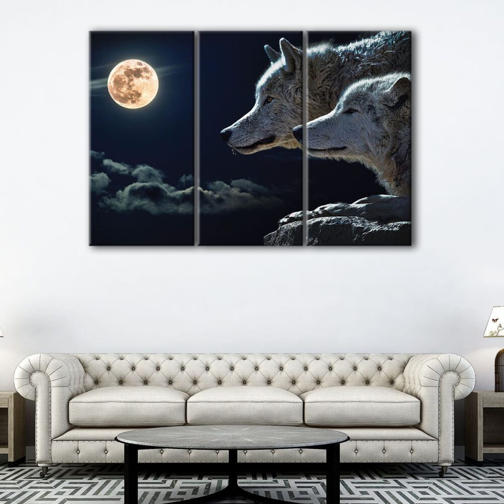 3 panels wolves under the moon canvas art