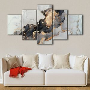 5 panels black and grey marble canvas art