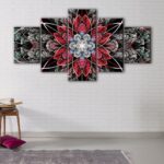 5 panels red fractal canvas art