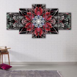 5 panels red fractal canvas art