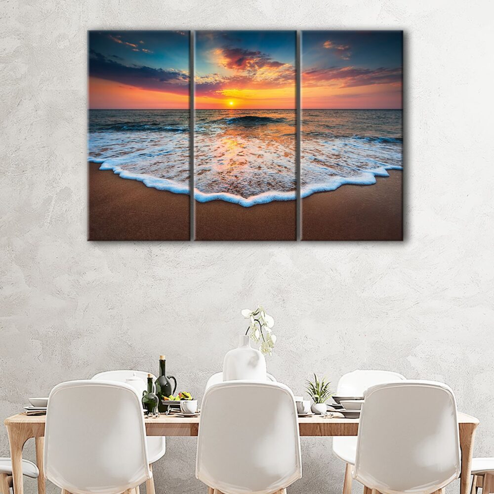 tableau tryptique plage au coucher du soleil