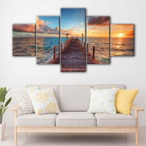 5 panels Sea Pier sunset canvas art