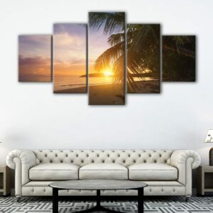 5 panels sunset behind palm canvas art