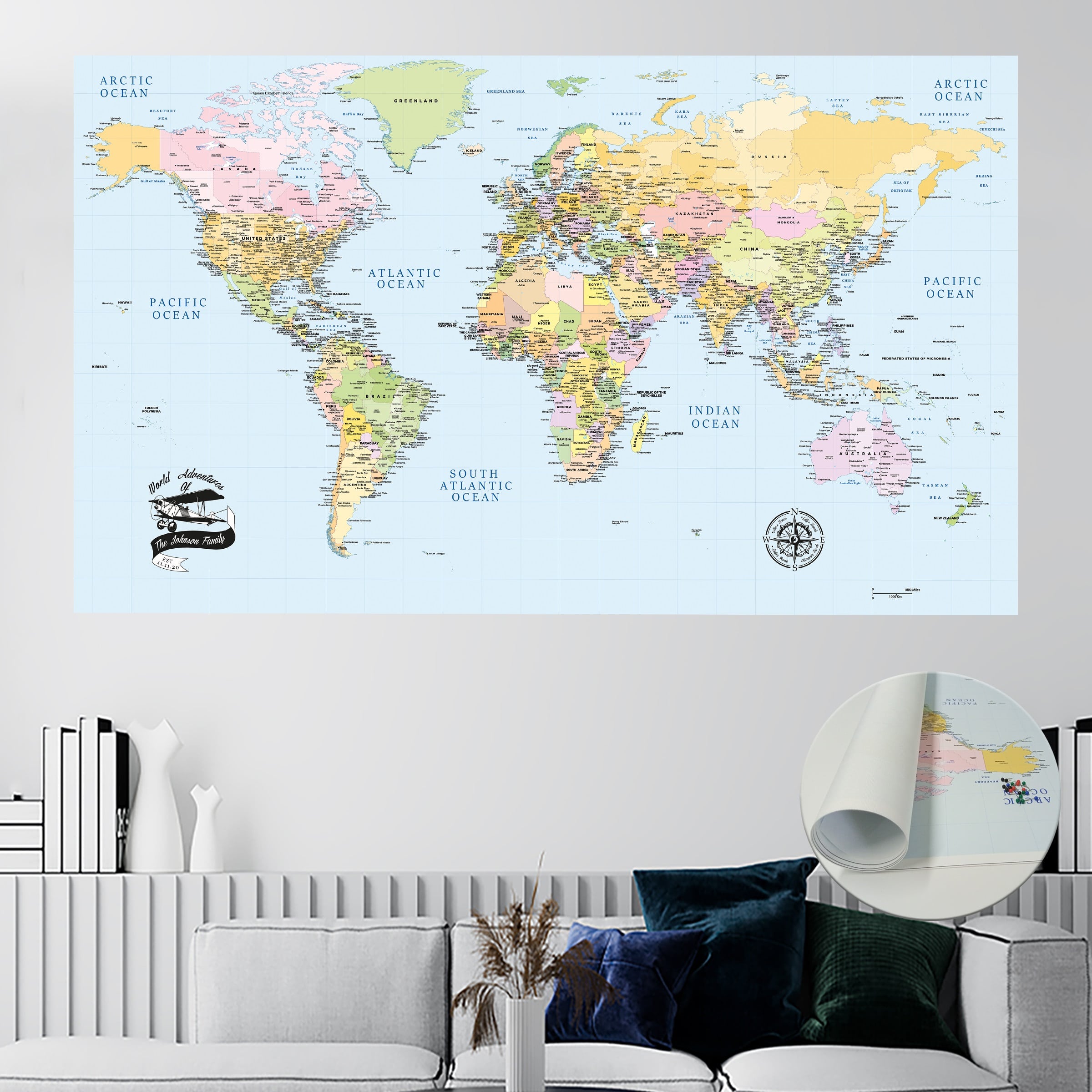 World Travel Map Pin Board with Push Pins: Light Gray Color Splash