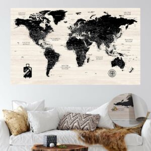 Wooden Detailed World Map With Free Pins Flags, Push Pin Travel
