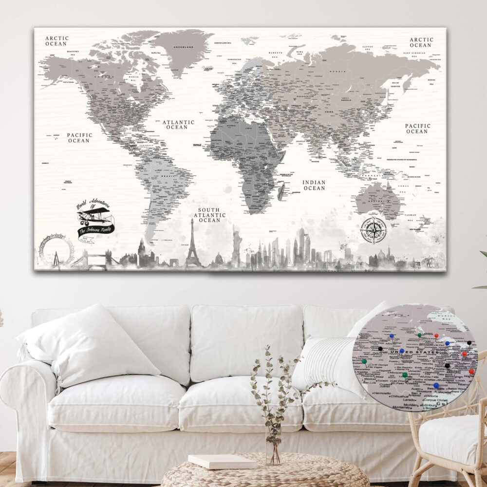 Monuments push pin world map