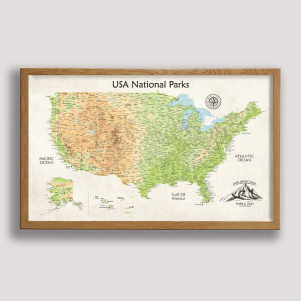 National parks push pin usa map - beige frame