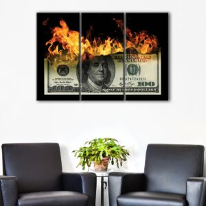 3 panels burning 100 dollar canvas art
