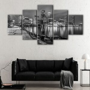 5 panels boston black and white skyline canvas art