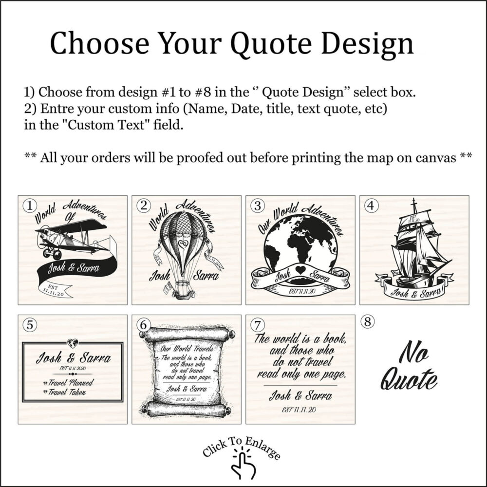 Monuments push pin world map quote personalization