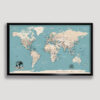 turquoise push pin world map - black frame