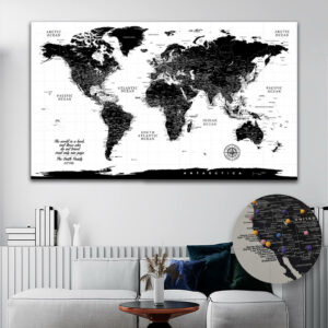 Black & White push pin world map featured