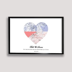 couple heart map framed canvas black frame