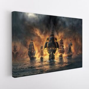 5 panels ships in fire canvas art
