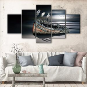 5 panels storks on boat canvas art