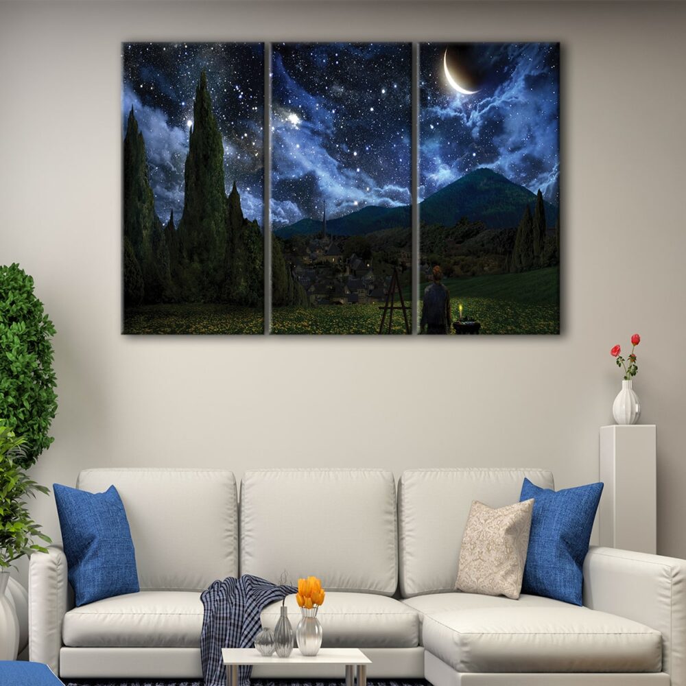 3 panels van gogh watching stars canvas art