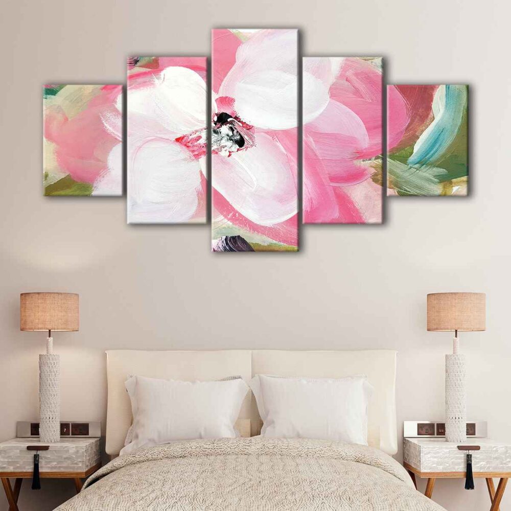 5 panels pink flower abstract canvas art