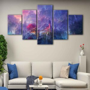 5 panels blue temple canvas art