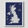 Blue & Gold push pin UK map - White frame