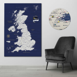 Blue & Gold push pin UK map featured