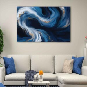 tableau vagues bleues et dorées 5 pièces