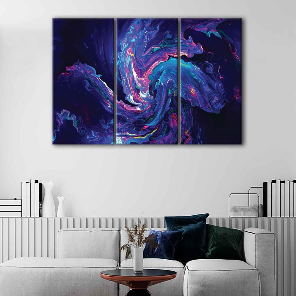 3 panels blue chaos canvas art