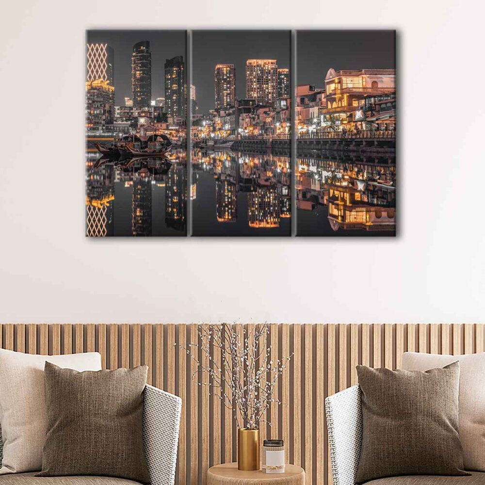 3 panels hong kong by night canvas art