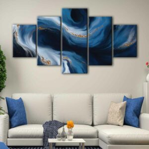 5 panels blue and gold waves canvas art