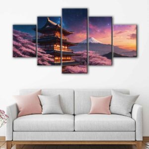 5 panels cherry blossom temple canvas art