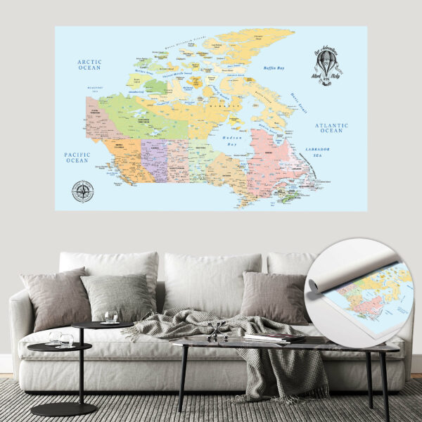 Colorful push pin Canada map rolled