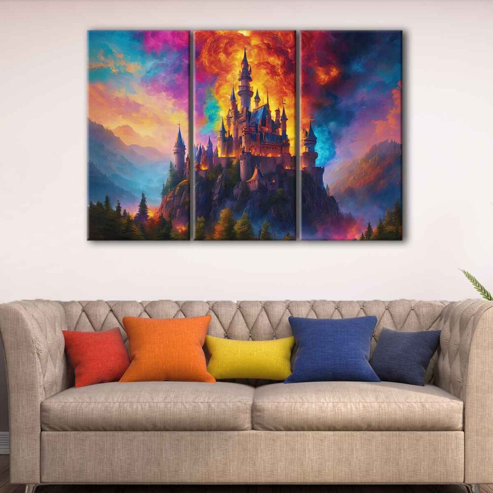 3 panels castle in fire canvas art