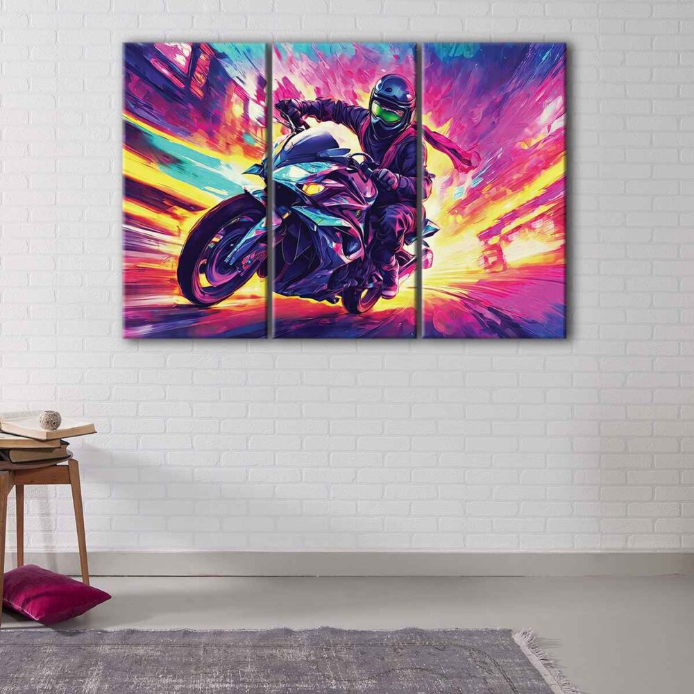 3 panels furious biker canvas art