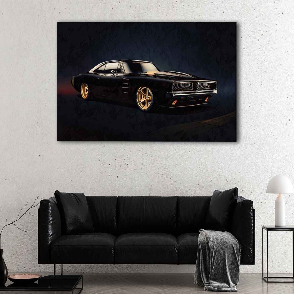 5 panels black dodge charger canvas art