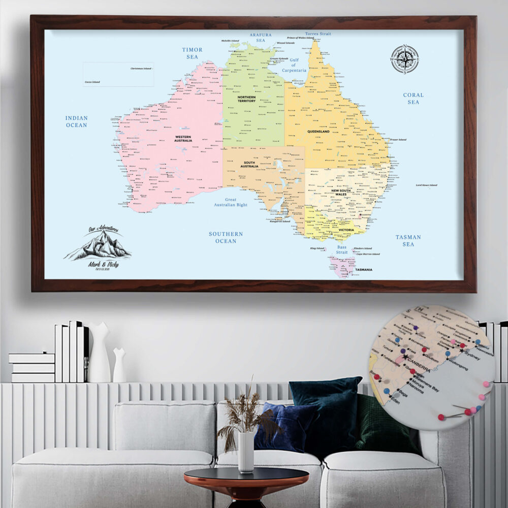 Colorful push pin Australia map framed