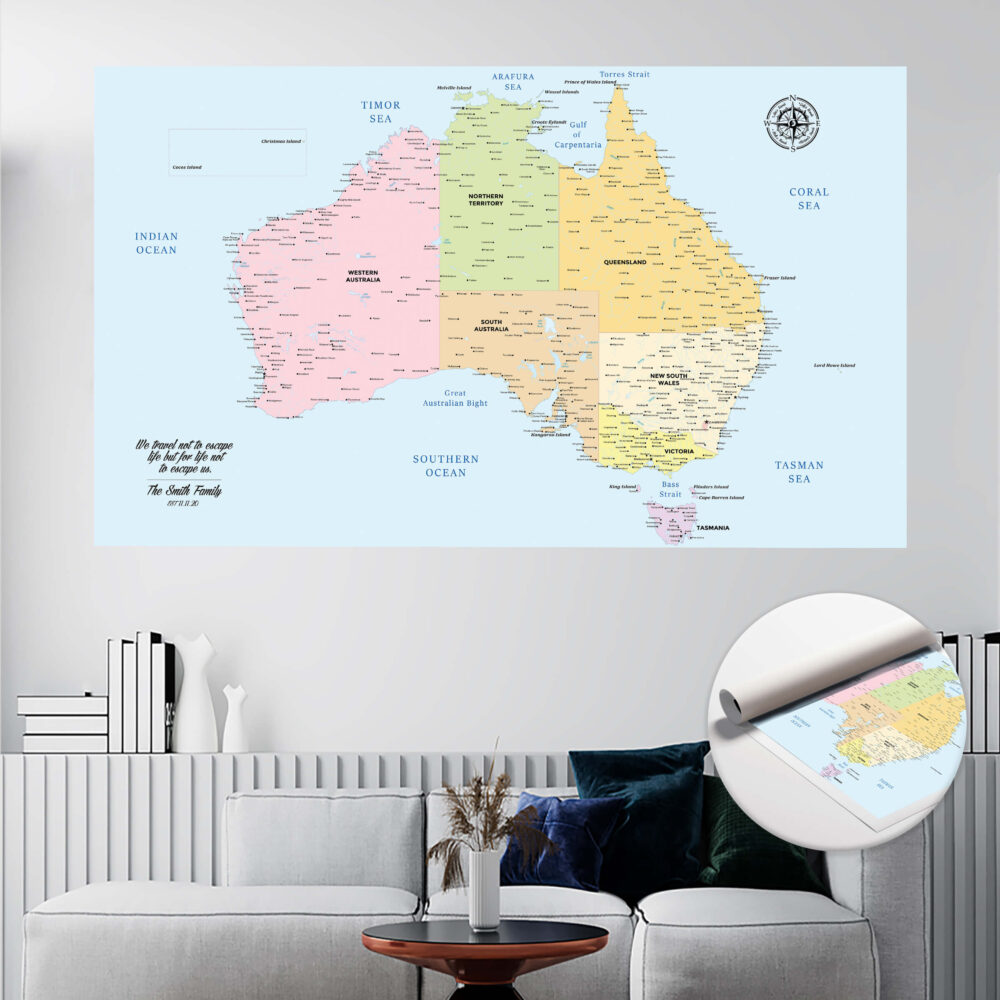 Colorful push pin Australia map rolled