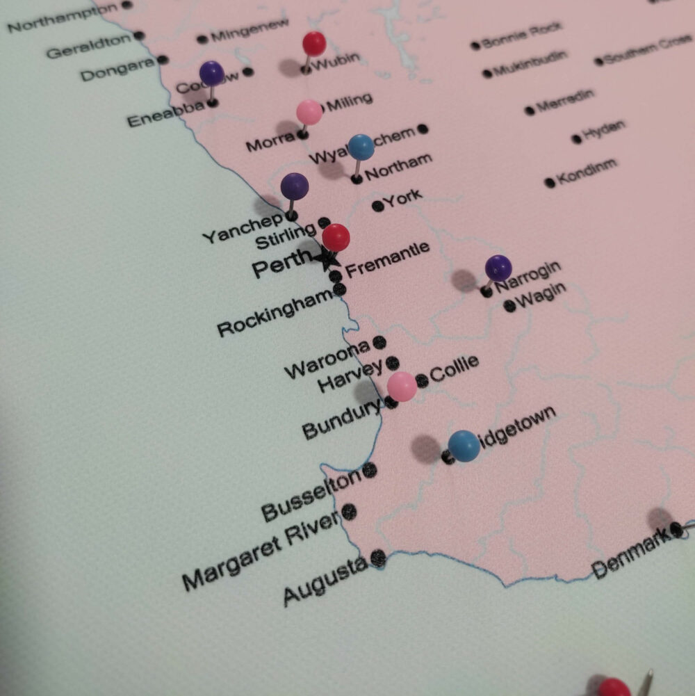 Colorful push pin Australia map west coast details