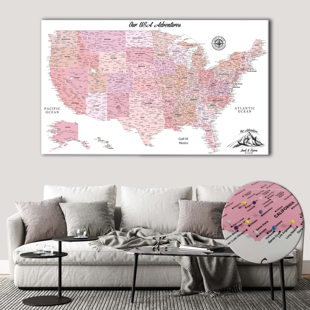 Pink push pin usa map