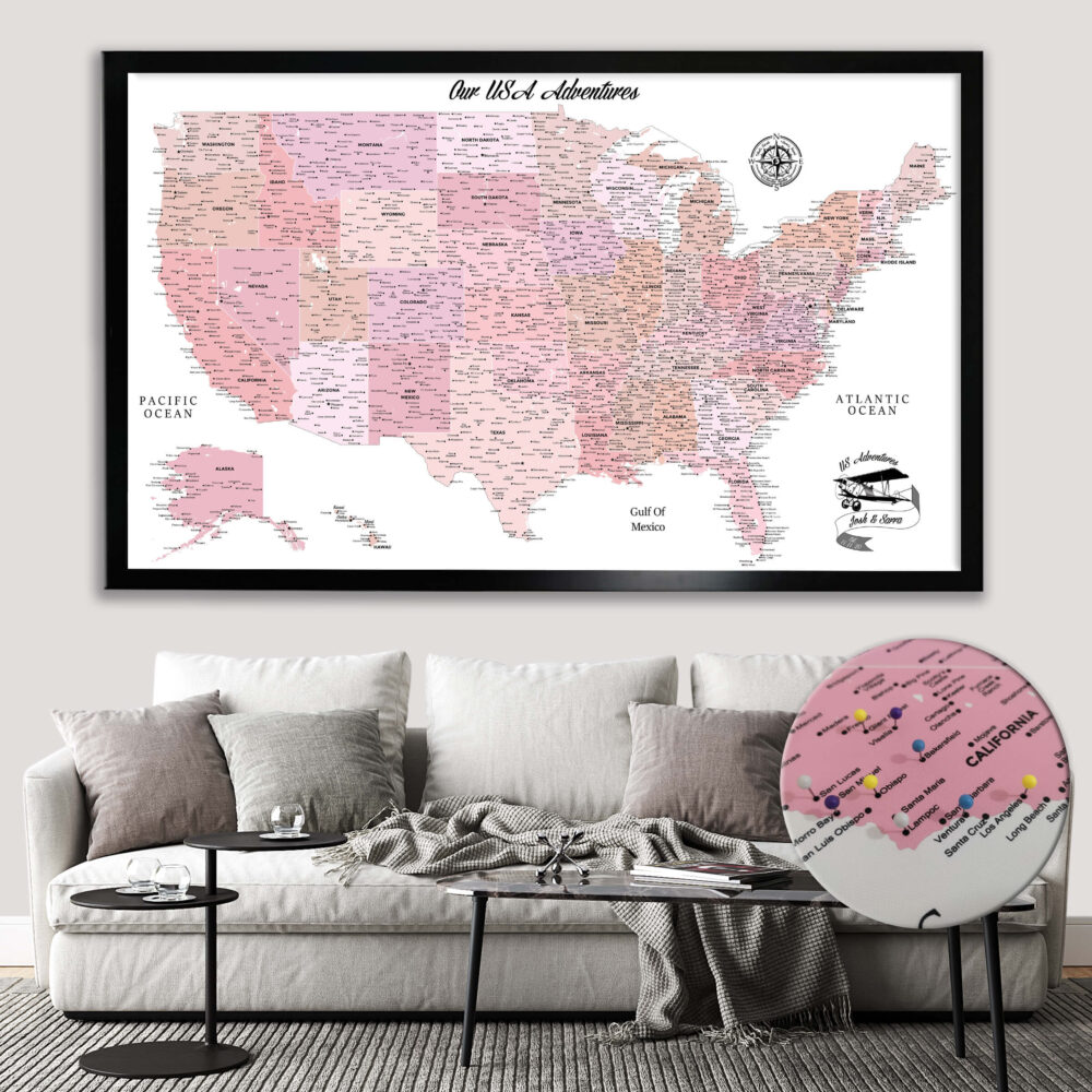 Pink push pin usa map framed