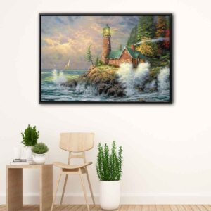 tableau phare luxueux au coucher du soleil avec cadre flottant