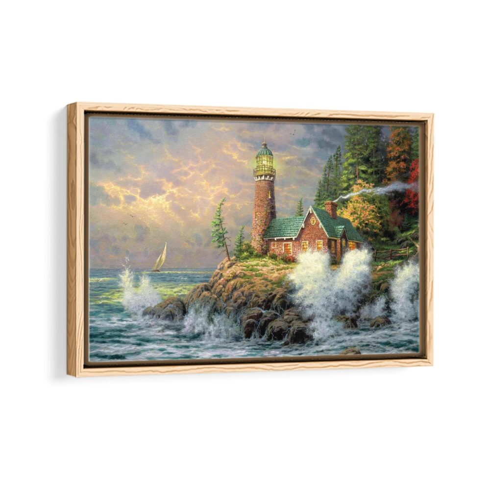 luxury lighthouse sunset framed canvas natural beige